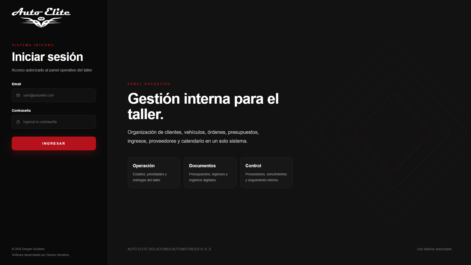 Pantalla de acceso del sistema de gestión Auto Elite, desarrollado por Driagon Systems